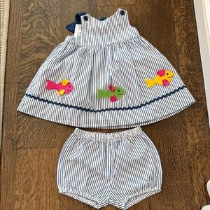 Striped Baby Dress with Fish Appliques and matching diaper cover